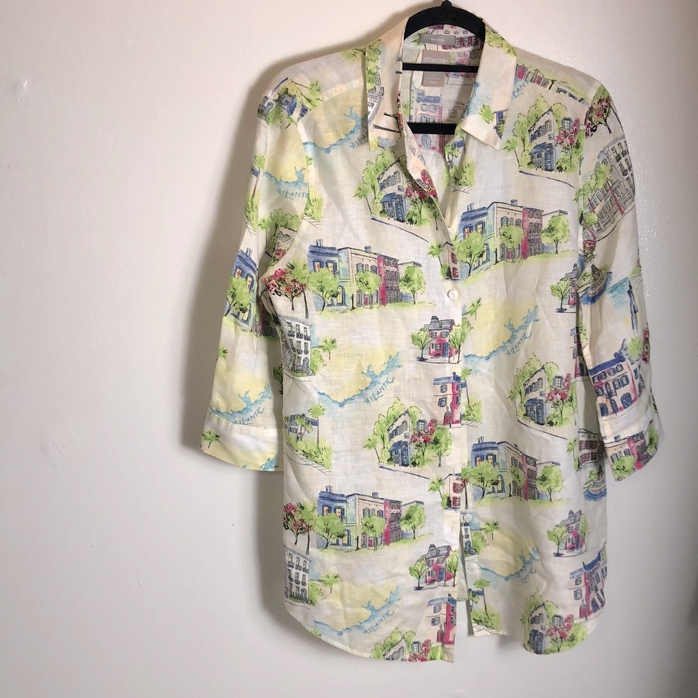 100% linen, Chicos graphic print, button down /cover-up SzL